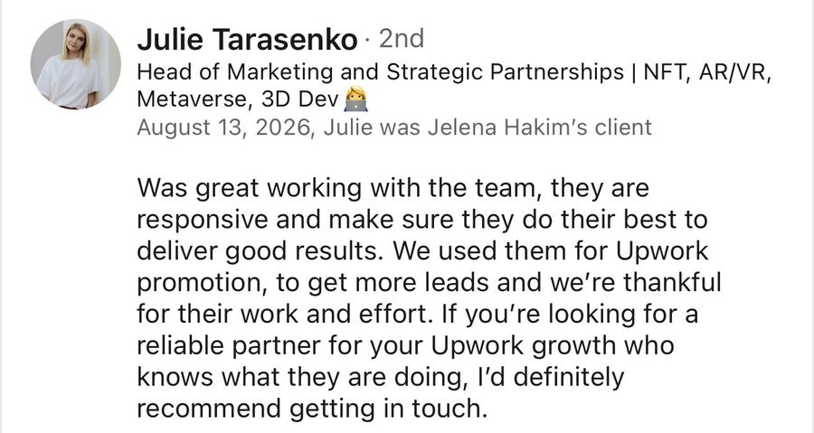 LinkedIn recommendation from Julie Tarasenko, Aug 2026