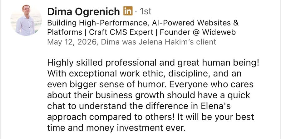 LinkedIn recommendation from Dima Ogrenich, May 2026