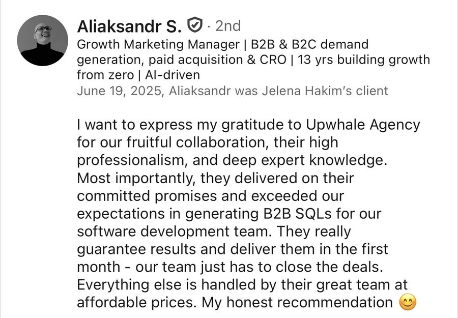 LinkedIn recommendation from Aliaksandr S., Jun 2025