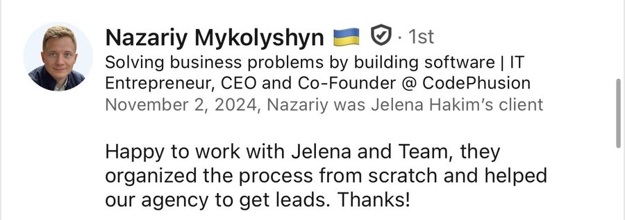 LinkedIn recommendation from Nazariy Mykolyshyn, Nov 2024