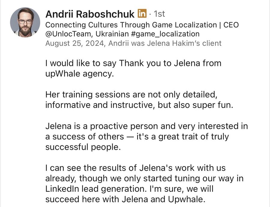 LinkedIn recommendation from Andrii Raboshchuk, Aug 2024