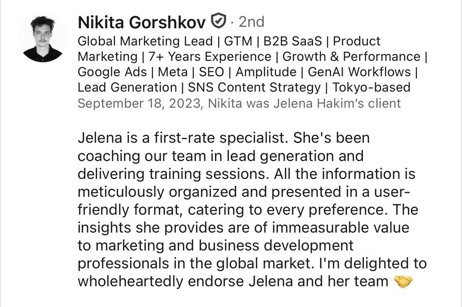 LinkedIn recommendation from Nikita Gorshkov, Sep 2023
