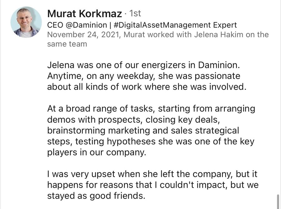 LinkedIn recommendation from Murat Korkmaz, Nov 2021